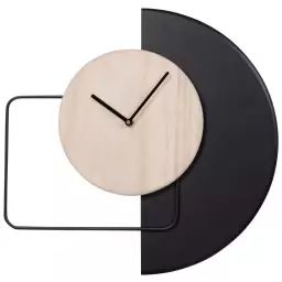 Horloge en bois de paulownia beige et métal noir 36×35