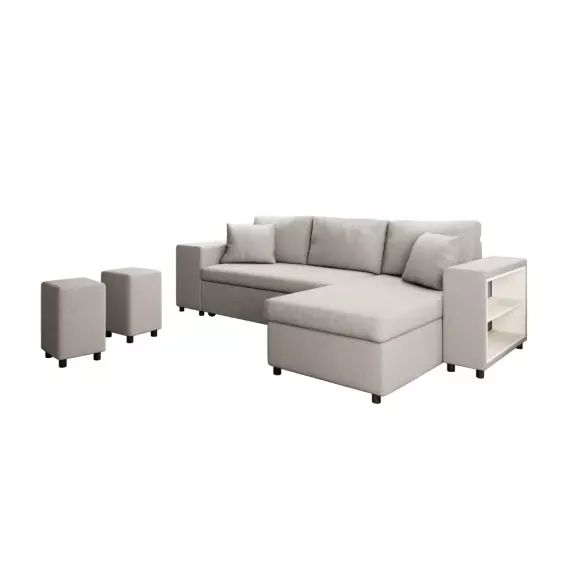 Canapé d’angle convertible beige avec rangement poufs à gauche