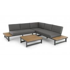 Topa, ensemble canapé d’angle d’extérieur et table basse, bois d’acacia et métal
