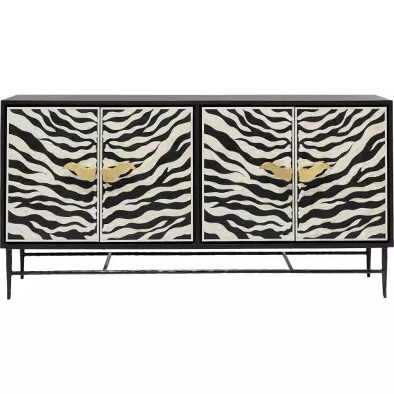 Buffet 4 portes motifs zèbre en eucalyptus et acier noir