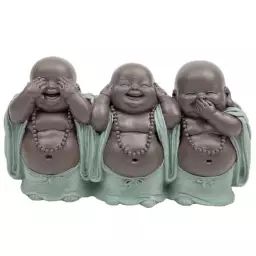 Statue décorative 3 Bouddhas Rieur en résine Vert & Marron – H9 cm