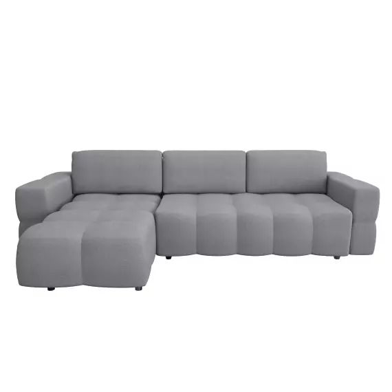 Canapé d&rsquo;angle gauche convertible coffre tissu tramé gris 260cm