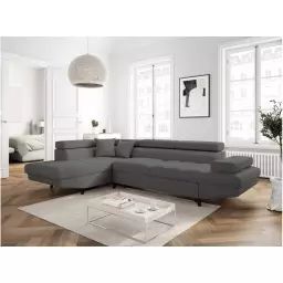 Canapé d’angle RIO Convertible avec coffre en tissu – Angle Gauche, Gris foncé, Pieds – Noir – 271 x 192 x 80 cm – Usinestreet