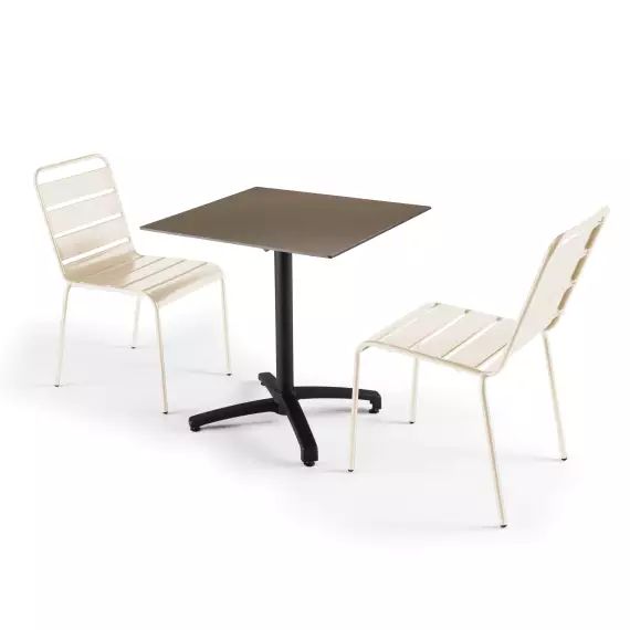 Ensemble table de jardin stratifié taupe et 2 chaises ivoire