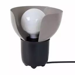 Lampe à poser, base en métal texturé noir, abat-jour taupe