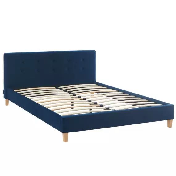 Lit adulte 140×190 avec tête de lit capitonnée en velours bleu foncé