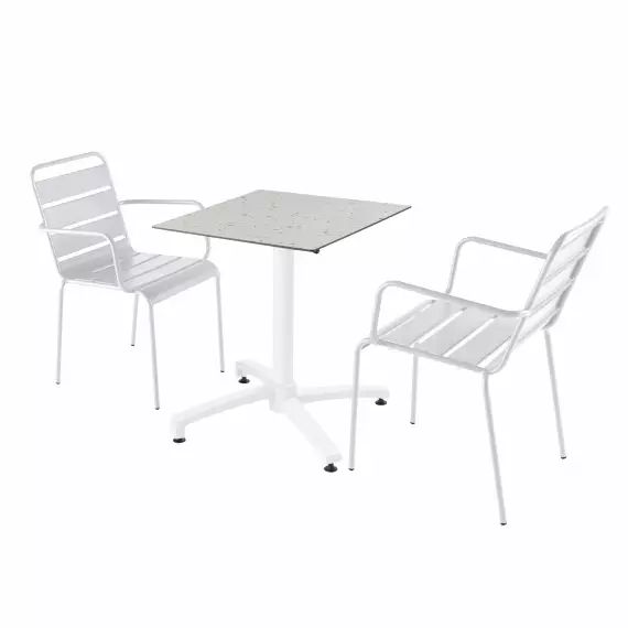 Ensemble table jardin stratifié terrazzo et 2 chaises blanc