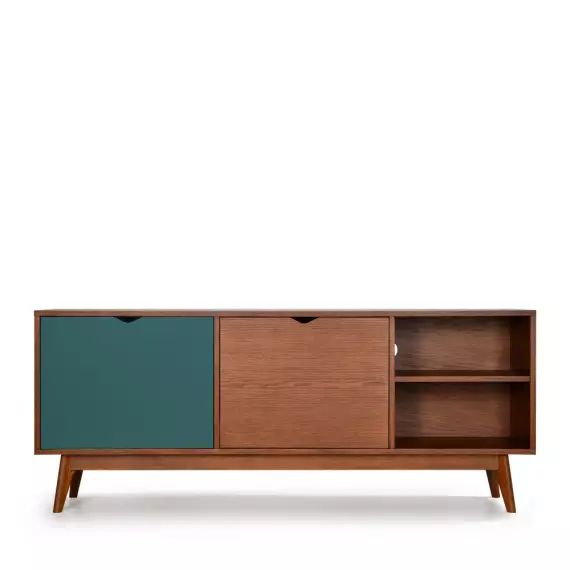 Ström – Meuble TV design 2 portes teinté noyer – Couleur – Porte vert eucalyptus