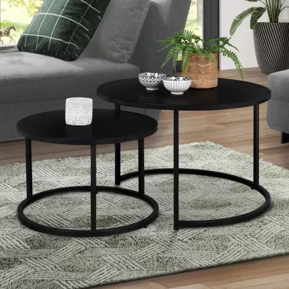 Lot de 2 tables gigognes rondes métal noir 54 cm et 70 cm