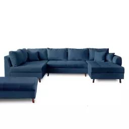 Canapé d’angle gauche convertible 7 places en tissu bouclette bleu