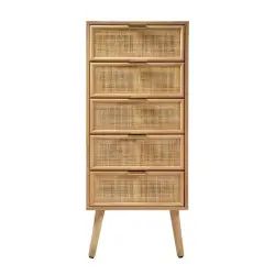 Chiffonnier 5 tiroirs façades en rotin naturel – L37 x H100 cm