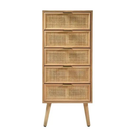 Chiffonnier 5 tiroirs façades en rotin naturel – L37 x H100 cm