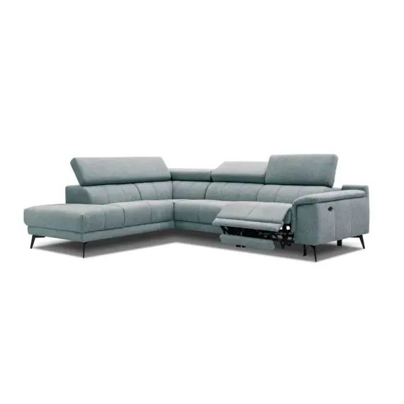 Canapé d&rsquo;angle gauche 5 places relax électrique tissu bleu clair