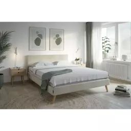 Cadre de lit LODI style scandinave en velours côtelé avec pieds bois – Beige – 147 x 204.5 x 88 cm – Usinestreet