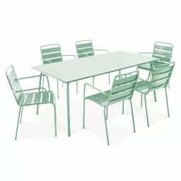 Ensemble table de jardin et 6 fauteuils en métal vert sauge