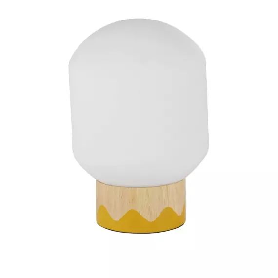 Lampe à poser en bois d’hévéa jaune moutarde et beige avec globe en verre opaque
