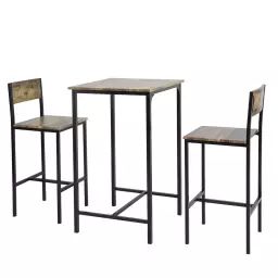 Ensemble table de bar + 2 chaises de bar effet bois et métal noir