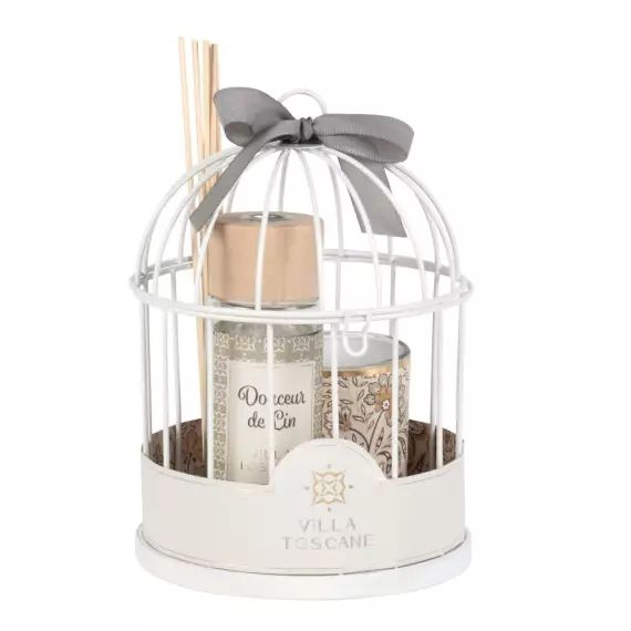 Diffuseur en verre et bougie parfumée 90g support cage en métal blanc