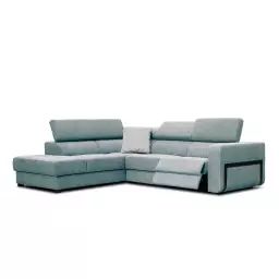 Canapé d’angle gauche 5 places avec relax électrique tissu bleu clair