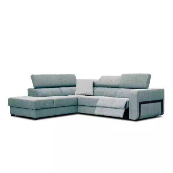 Canapé d’angle gauche 5 places avec relax électrique tissu bleu clair
