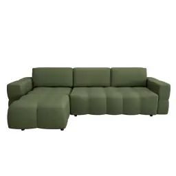 Canapé d’angle gauche convertible coffre tissu tramé vert 260cm