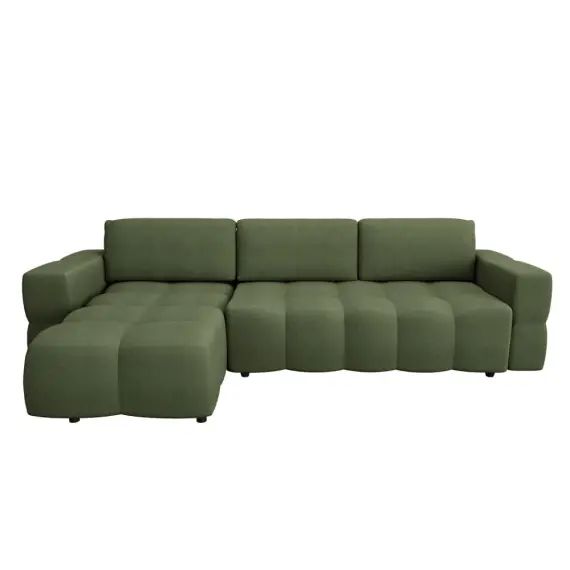Canapé d&rsquo;angle gauche convertible coffre tissu tramé vert 260cm