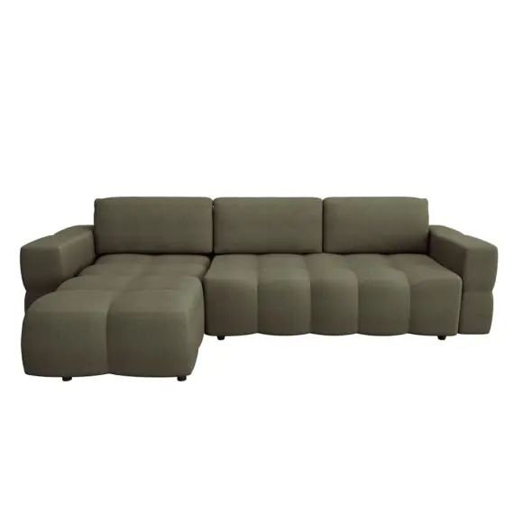 Canapé d&rsquo;angle gauche convertible coffre tissu tramé vert 260cm