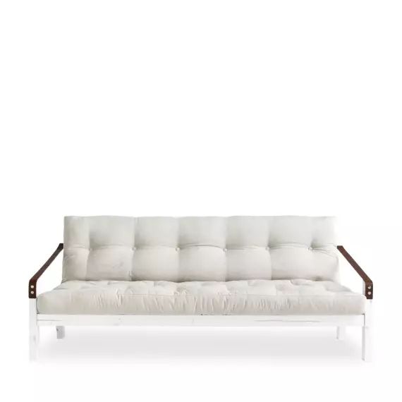 Canapé convertible en bois blanc et tissu ecru 2 places