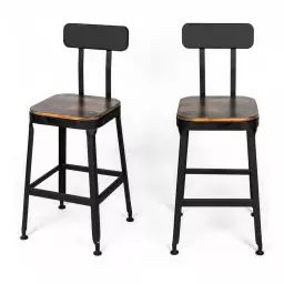 Chilly – Lot de 2 chaises de bar métal et bois 63cm – Couleur – Bois foncé / noir
