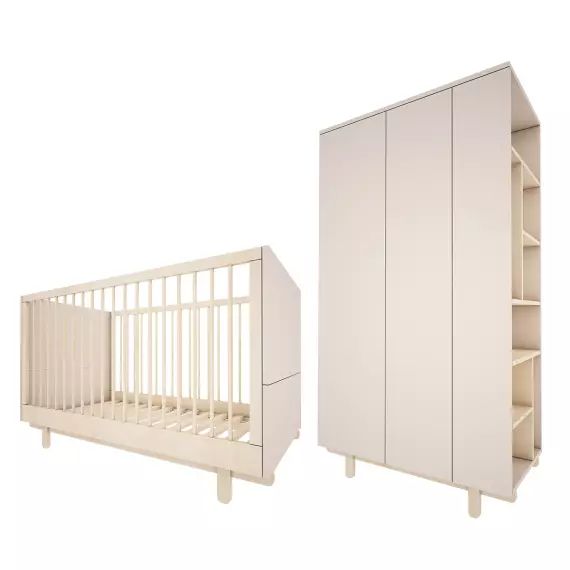Chambre bébé : Duo – Lit évolutif 70×140 armoire 2 portes beige