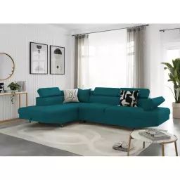 Canapé d’angle RIO Convertible avec coffre en tissu – Angle Gauche, Bleu canard – 271 x 192 x 85 cm – Usinestreet