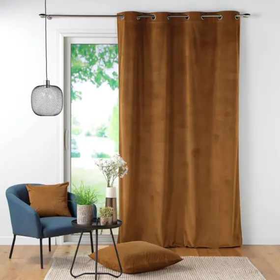 Rideau tamisant uni en velours côtelé camel 260 x 140