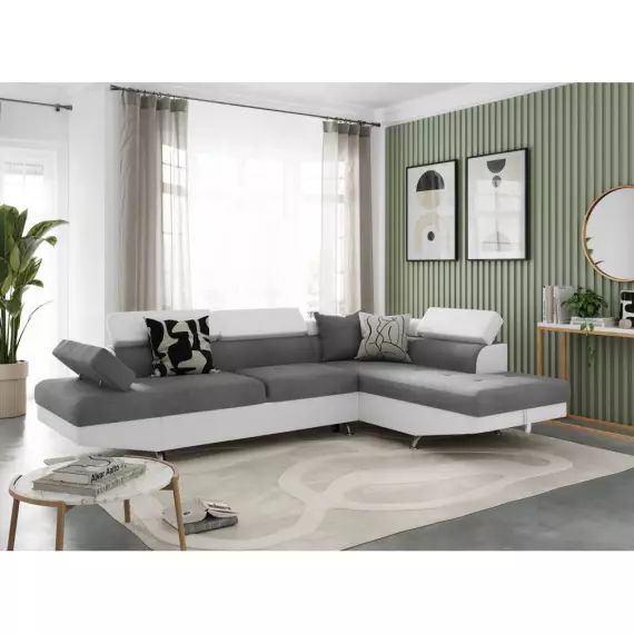 Canapé d’angle RIO Convertible avec coffre en tissu et simili – Angle Droit, Blanc et Gris – 271 x 192 x 85 cm – Usinestreet