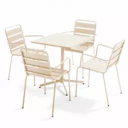 Ensemble table de jardin et 4 fauteuils en métal ivoire