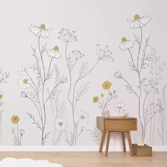 Papier peint décor mural – fleurs en Papier Beige