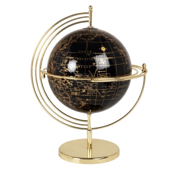 Globe terrestre carte du monde noire et dorée et structure en métal doré