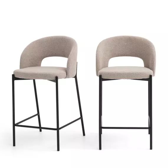 Soren – Lot de 2 chaises de bar en tissu bouclette et métal 65cm – Couleur – Écru chiné