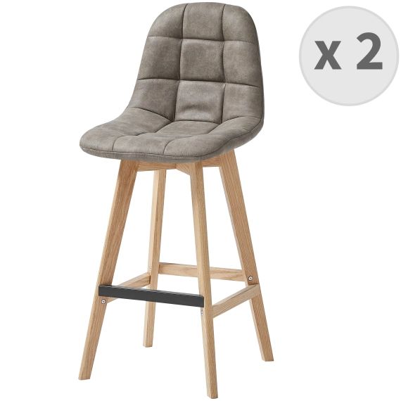 Chaise de bar vintage microfibre marron clair pieds chêne(x2)