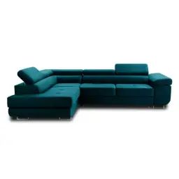 Canapé d’angle gauche convertible 5 places velours bleu canard