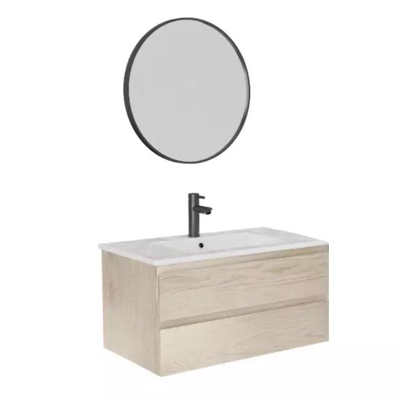 Meuble simple vasque décor chêne 80cm +vasque+robinet+miroir