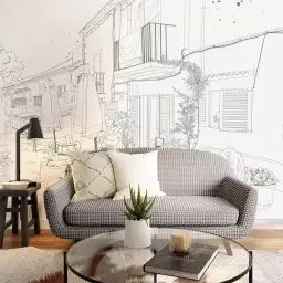 Papier peint panoramique terrasse d’été 375 x 250 cm gris