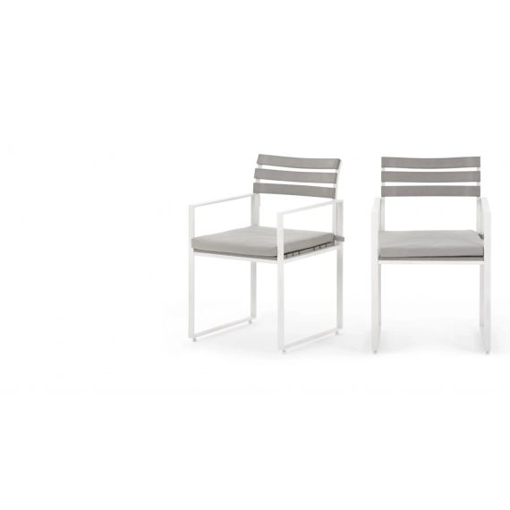 Catania, lot de 2 chaises d’extérieur en bois composite polywood, tissu gris et métal blanc