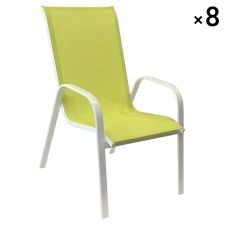 Lot de 8 chaises en textilène vert et aluminium blanc