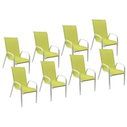 Lot de 8 chaises en textilène vert et aluminium blanc