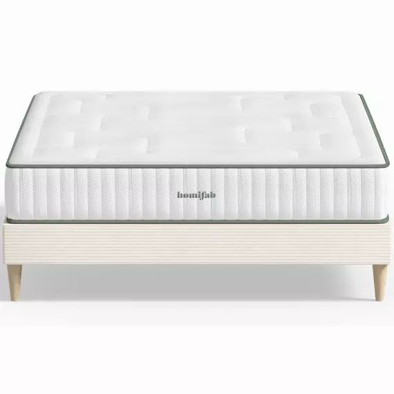 Pack lit 140×190 en velours côtelé beige + Matelas latex