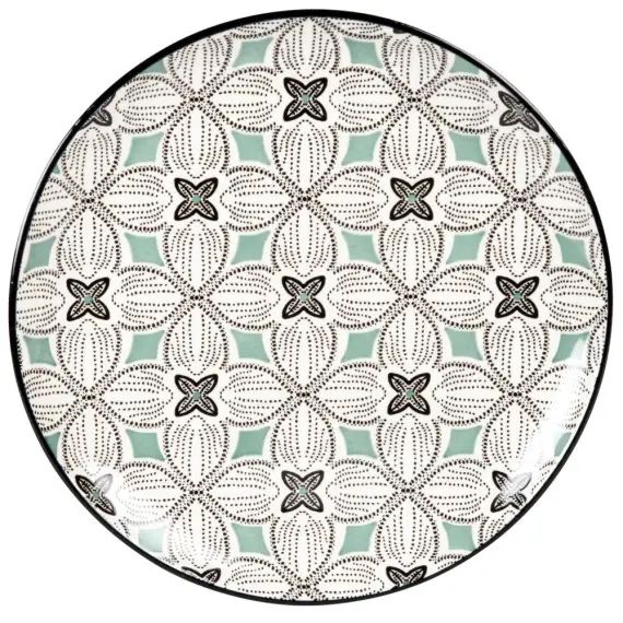 Assiette plate en grès motifs graphiques bleu gris, verts et blancs