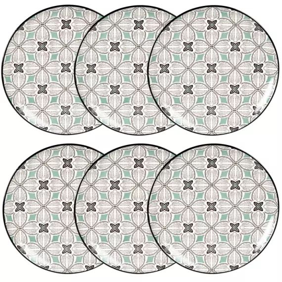 Assiette plate en grès motifs graphiques bleu gris, verts et blancs