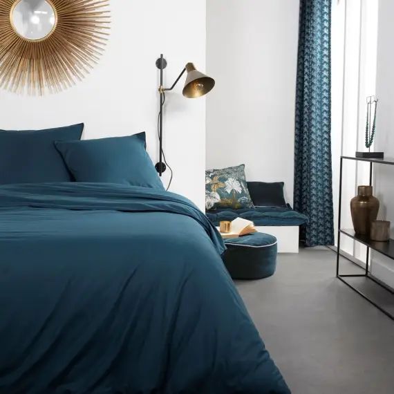 Parure de lit 2 personnes uni en Coton Bleu 260×240 cm
