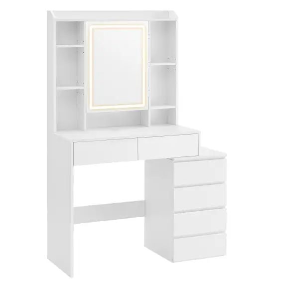 Coiffeuse avec grand miroir compartiments ouverts blanc nuage