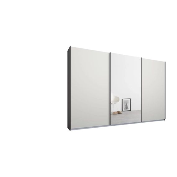 Malix, armoire à 3 portes coulissantes, 270 cm, cadre gris graphite et portes blanc mat et miroir, intérieur premium